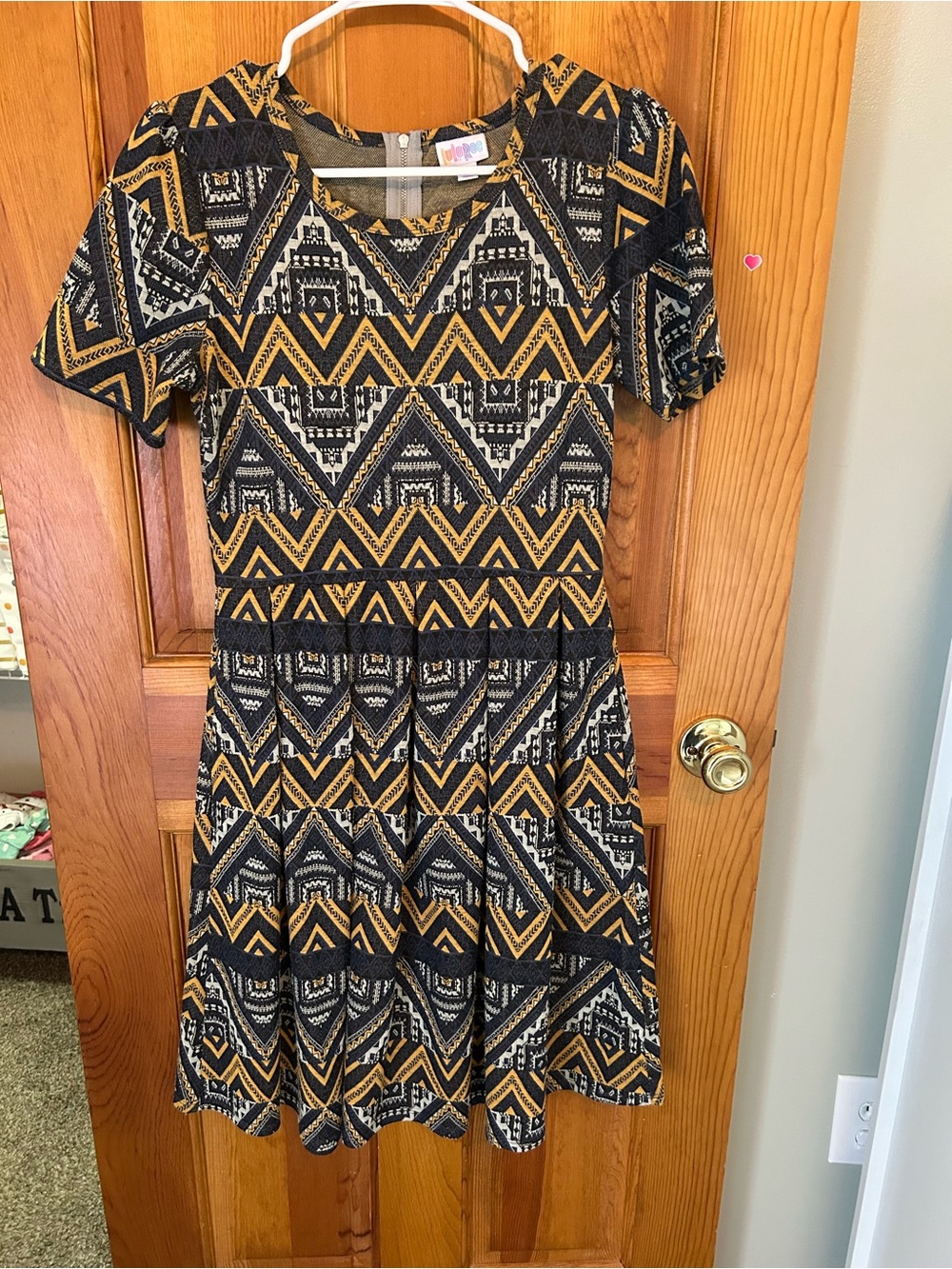 LuLaRoe Short Sleeve Geometric Fit-and-Flare Dress in Mustard and Black